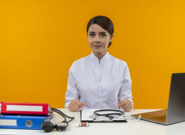 pleased-young-female-doctor-wearing-medical-robe-with-stethoscope-sitting-desk-work-computer-with-medical-tools-isolation-yellow-wall kopya